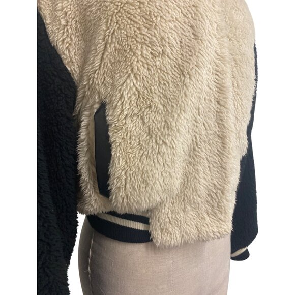 Rue21 Varsity Jacket Faux Fur Bomber Jacket Black Cream Bear Hug Comfy Cute - Picture 3 of 11